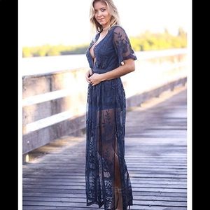 Dark blue lace sheer maxi dress with a deep v neck